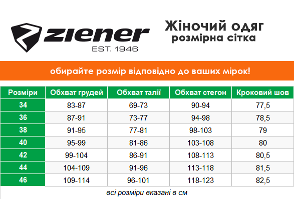 таблиця розмірів жіночого одягу Ziener
