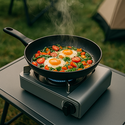 приклад приготування їжі на туристичній газовій плитці у кемпінгових умовах