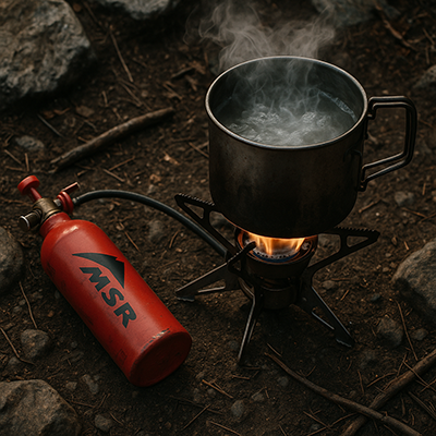 приклад приготування їжі на рідкопаливному пальнику у кемпінгових умовах