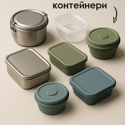 різноманітні контейнери для зберігання їжі