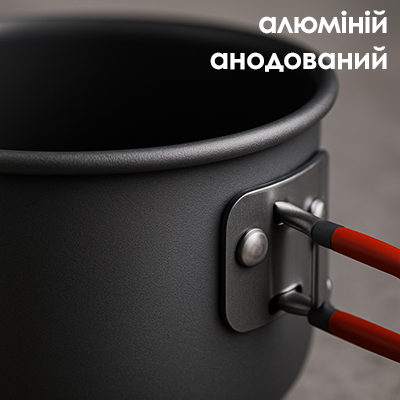 крупний план туристичного посуду з анодованого алюмінію