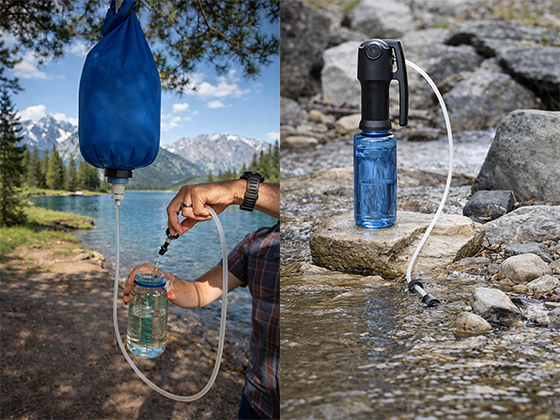 приклад гравітаційного та насосного туристичного фільтру для води