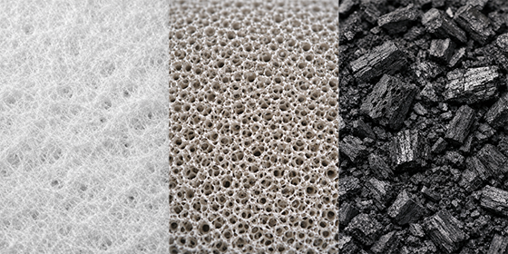 крупний план поверхні фільтруючих матеріалів: скловолокно, кераміка, деревне вугілля