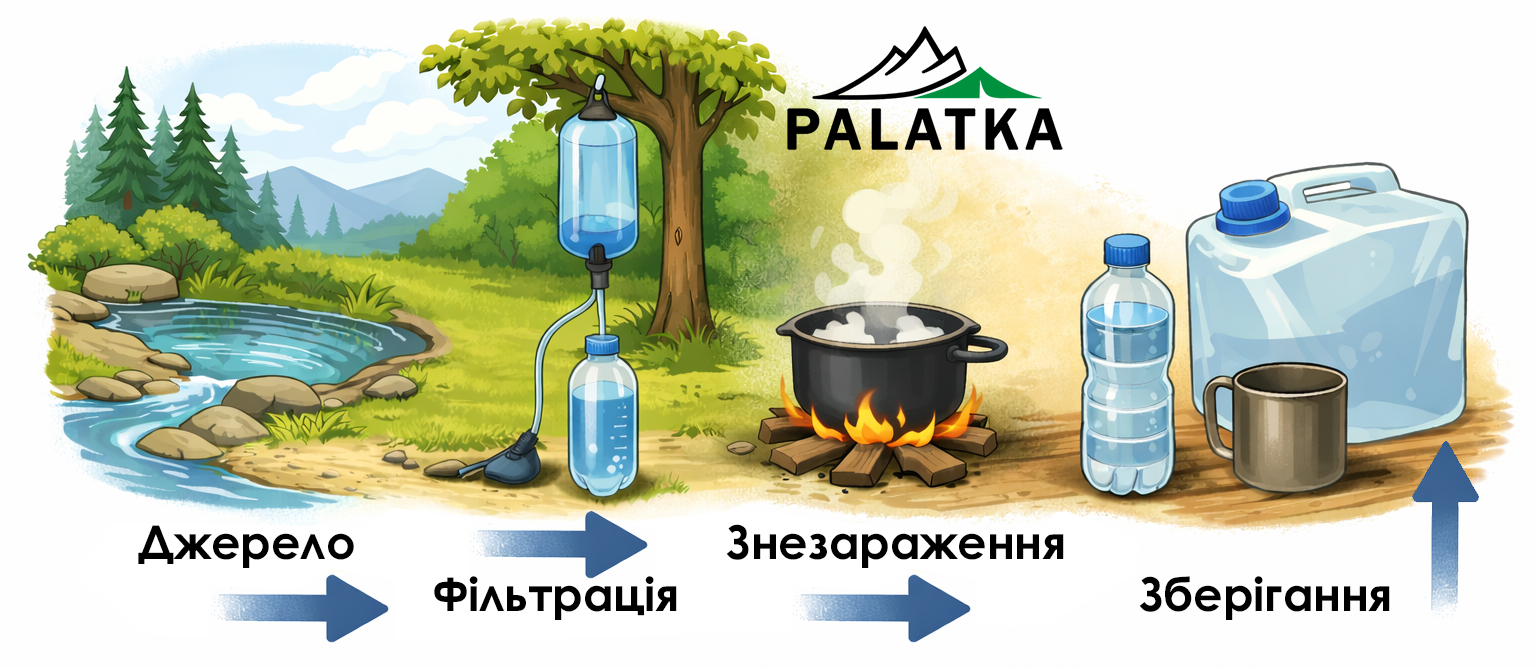 парадигма очищення води: джерело - фільтрація - знезараження - зберігання