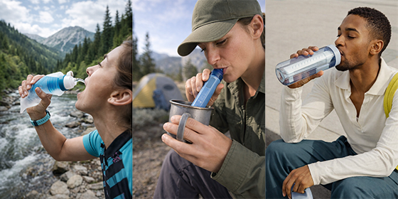 приклади туристичних потокових фільтрів для води: у м'якій пляшці, фільтр-трубка для пиття, у жорсткій пляшці