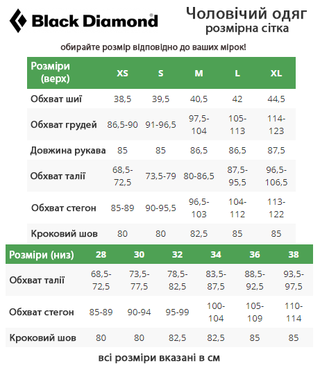 таблиця розмірів чоловічого одягу Black Diamond