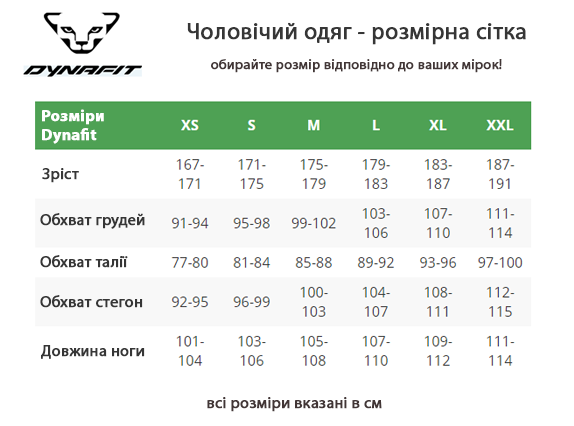 таблиця розмірів чоловічого одягу Dynafit