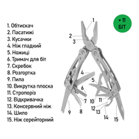 Мультитул з чохлом та бітами Ganzo G202 (Metal) - 25 функцій, Колір рукоятки: Metal, Колір інструментів: Metal, зображення 6
