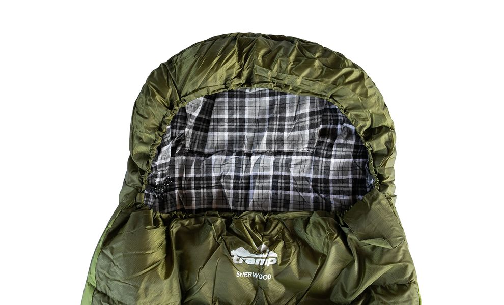 Демісезонний кемпінговий спальник-ковдра Tramp Sherwood - Long до -5°C: широкий, з капюшоном, Максимальний зріст користувача: 200, Колір: Dark Olive/Grey, Сторона застібки: ліва, зображення 3
