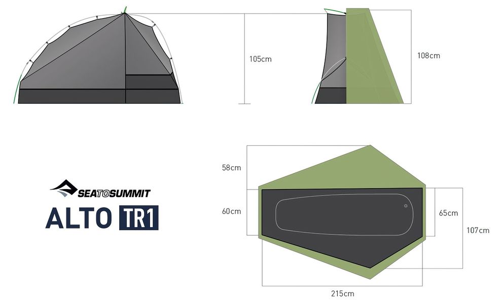 1-місний ультралегкий намет Sea to Summit Alto TR1: двошаровий, 3-сезонний, Кількість місць: 1, Колір: Green, зображення 2