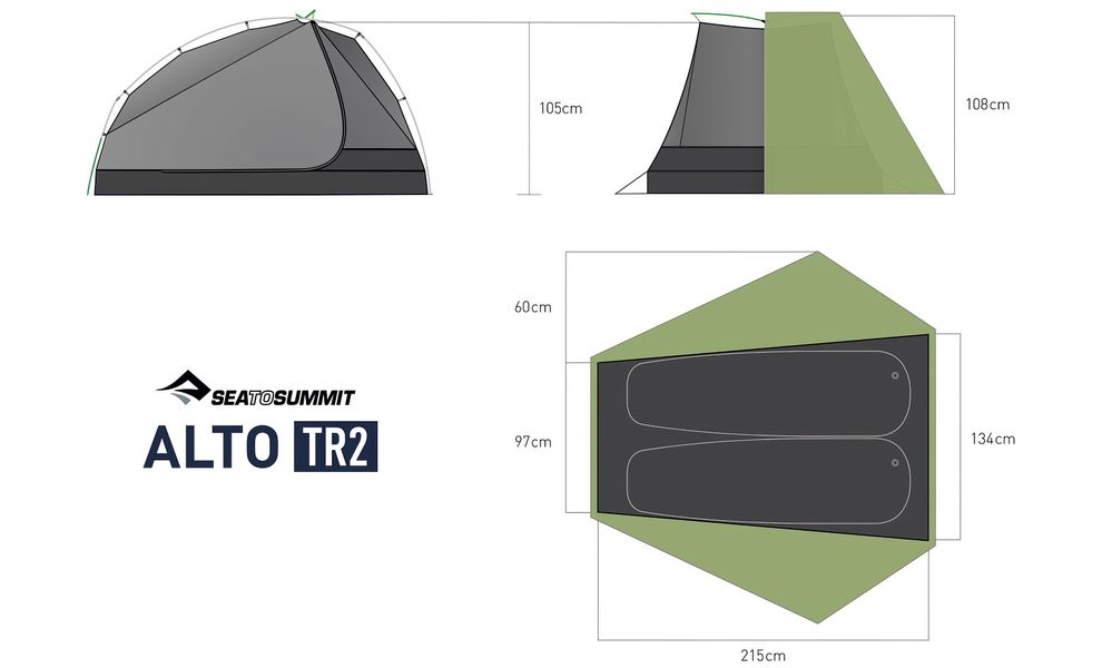 2-місний ультралегкий намет Sea to Summit Alto TR2: двошаровий, 3-сезонний, Кількість місць: 2, Колір: Green, зображення 2