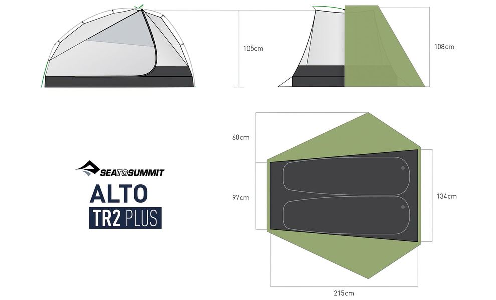 2-місний ультралегкий намет Sea to Summit Alto TR2 Plus: двошаровий, 4-сезонний, Кількість місць: 2, Колір: Green, зображення 2