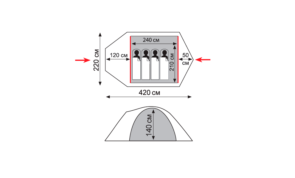 4-місний намет Tramp Camp 4 (Sand): двошаровий, з тамбуром, Кількість місць: 4, Колір: Sand/Black, зображення 2