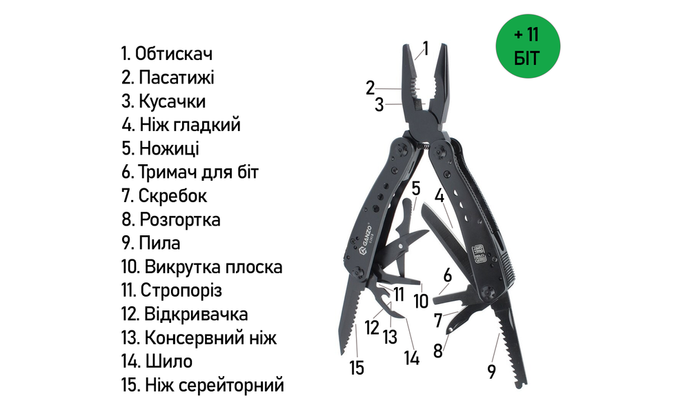 Мультитул з чохлом та бітами Ganzo G201 (Black) - 25 функцій, Колір рукоятки: Black, Колір інструментів: Black, зображення 9