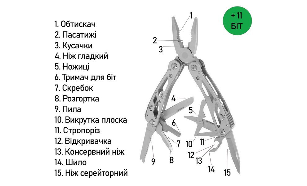 Мультитул з чохлом та бітами Ganzo G202 (Metal) - 25 функцій, Колір рукоятки: Metal, Колір інструментів: Metal, зображення 6