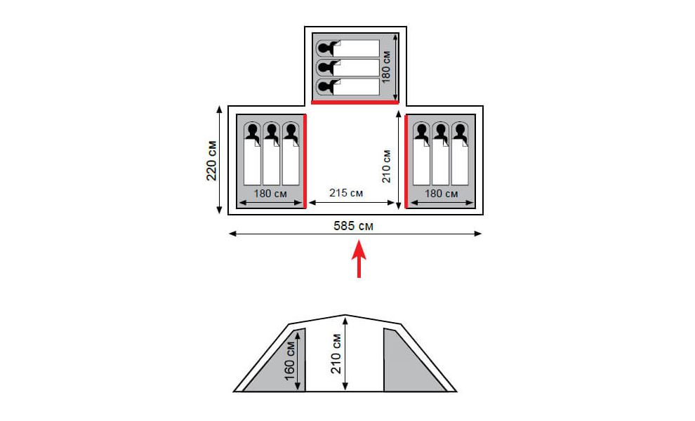 9-місний кемпінговий намет Tramp Brest 9 V2: на 3 спальні, Кількість місць: 9, Колір: Storm Green/Red, зображення 2