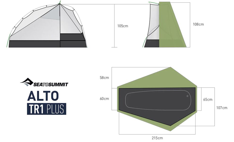 1-місний ультралегкий намет Sea to Summit Alto TR1 Plus: двошаровий, 4-сезонний, Кількість місць: 1, Колір: Green, зображення 2