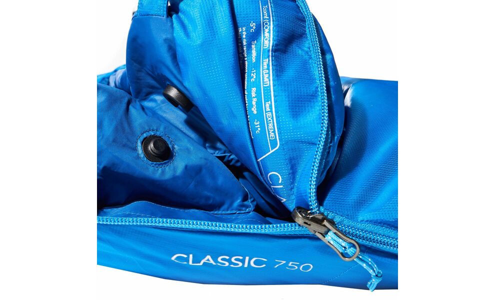 Зимовий пуховий спальник Mountain Equipment Classic 1000 - Long (01320/Skydiver) до -16°C: з капюшоном, Максимальний зріст користувача: 200, Колір: 01320/Skydiver, Сторона застібки: ліва, зображення 6