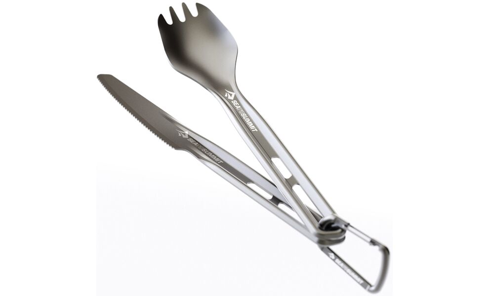 Туристичний набір столових приборів з карабіном Sea to Summit Frontier - 2 предмети (ложка-виделка, ніж), анодований алюміній, зображення 5
