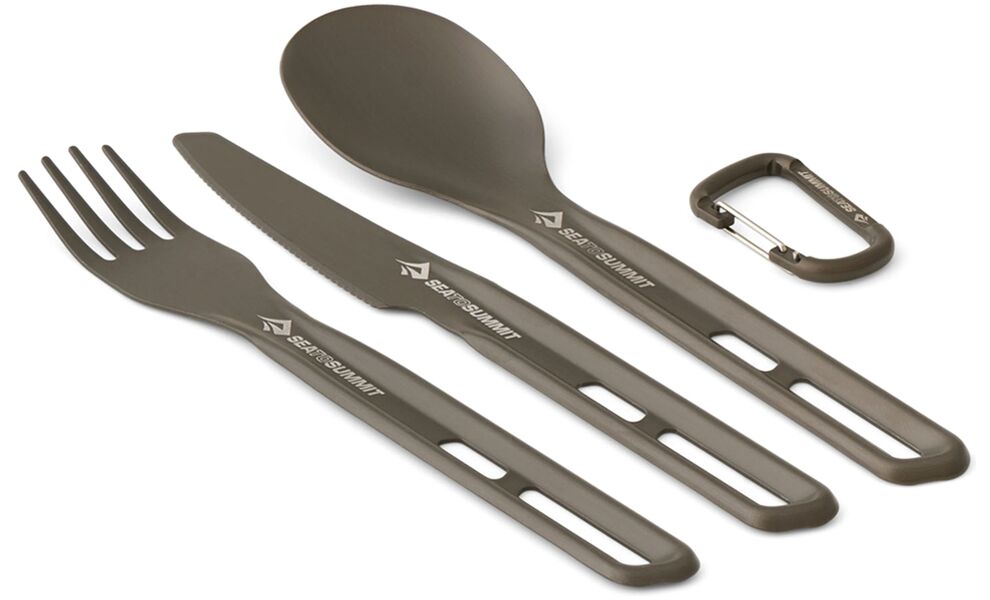 Туристичний набір столових приборів з карабіном Sea to Summit Frontier - 3 предмети (виделка, ложка, ніж), анодований алюміній, зображення 3