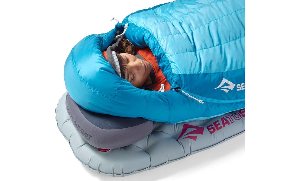 Демісезонний пуховий спальник Sea to Summit Trek Women's -9C - Regular до -16°C: з капюшоном, Максимальний зріст користувача: 170, Колір: Blue Atoll, Сторона застібки: права, зображення 14