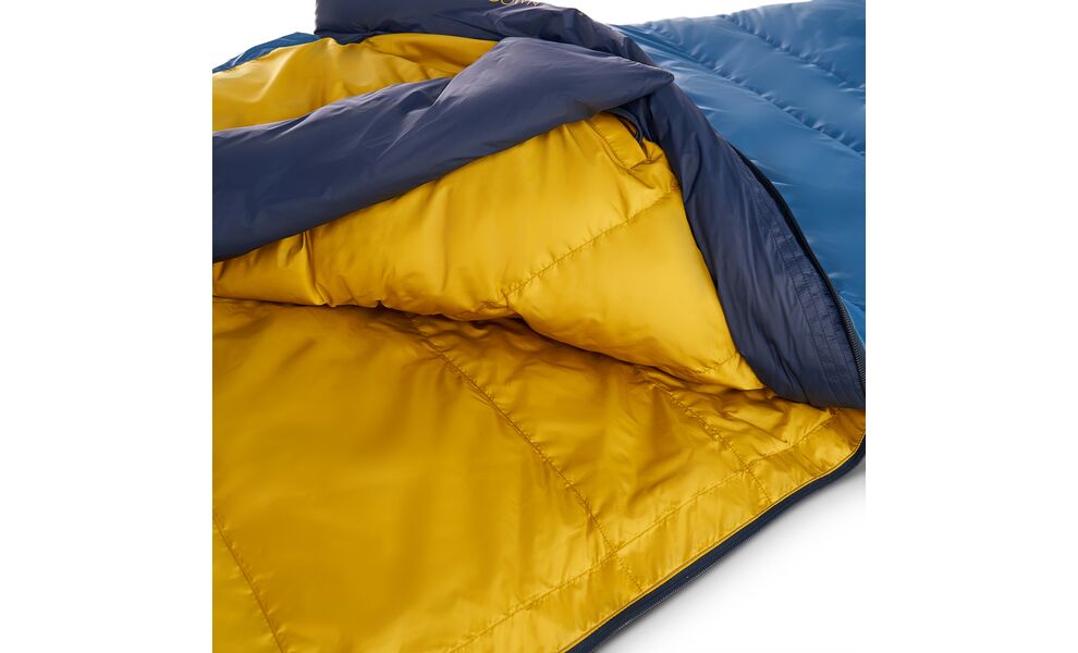 Зимовий пуховий спальник Kelty Cosmic Down 20 Short до -7°C: з капюшоном, Максимальний зріст користувача: 168, Колір: Dark Blue/Pageant Blue/Olive Oil, Сторона застібки: права, зображення 12