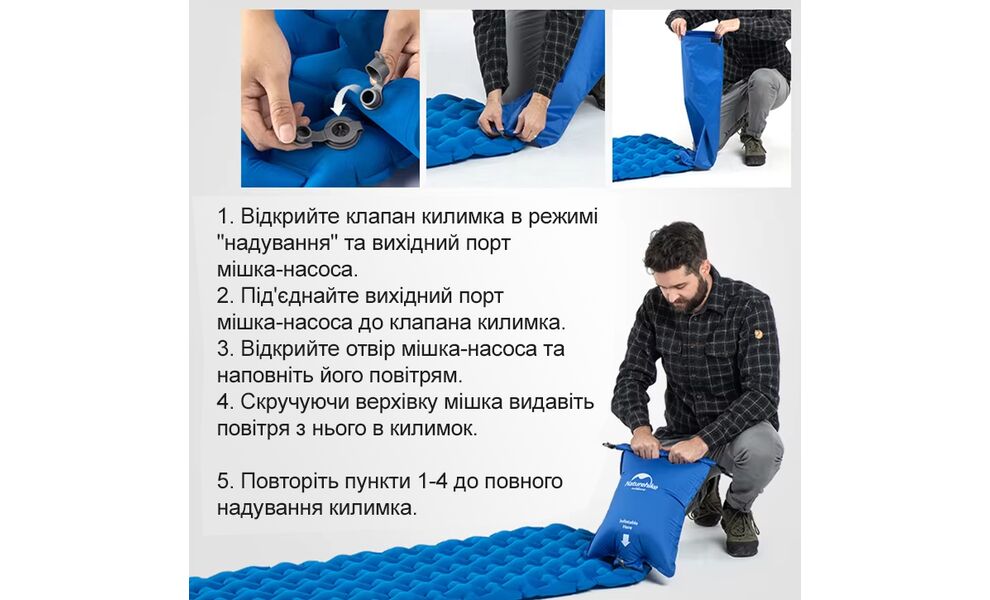 Надувний каремат Naturehike NH19Z032-P (Blue), Товщина: 6,5, Тип розміру: Single, Колір виробника: Blue, зображення 4