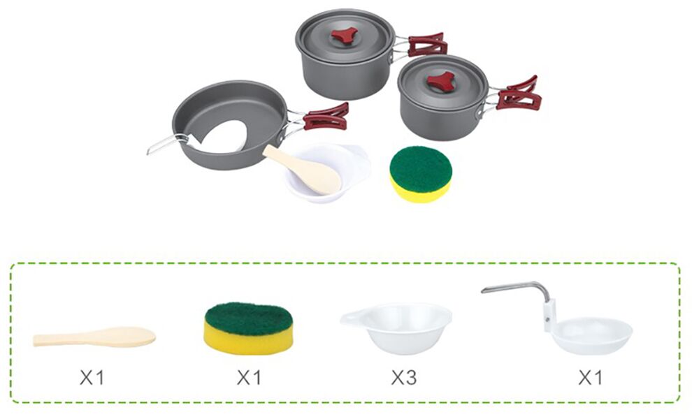 Туристичний набір посуду з чохлом BRS-153 на 3 особи: 2 каструлі, сковорода, 3 миски, зображення 2