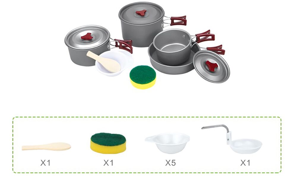 Туристичний набір посуду з чохлом BRS-155 на 5 осіб: 3 каструлі, сковорода, 5 мисок, зображення 2