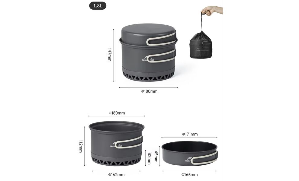 Похідний набір посуду з теплообмінником Naturehike CNK2300CJ0002 на 1,8 л: каструля, миска, Тип комплекту: 1,8 л, зображення 2