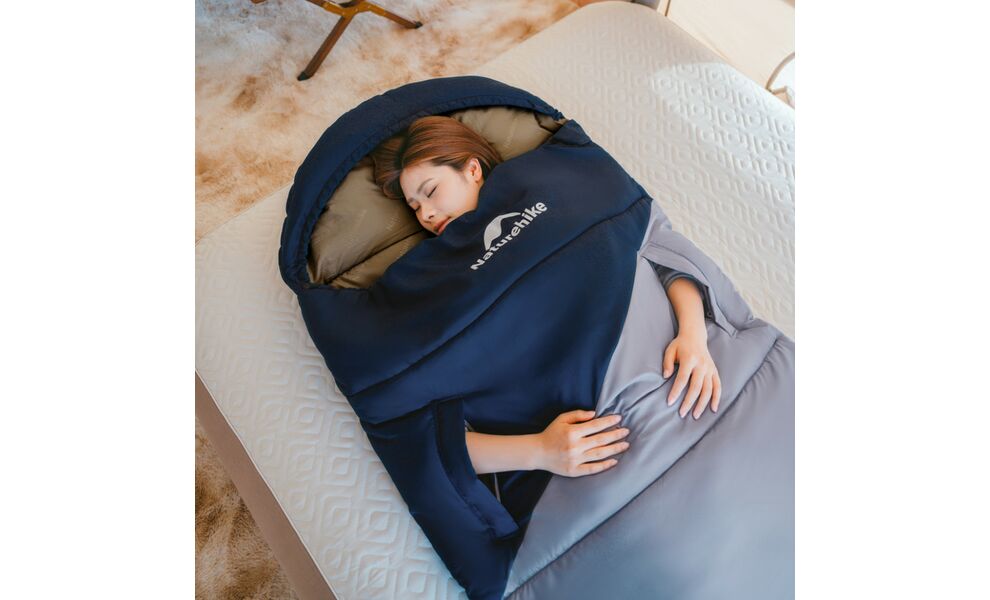 Демісезонний кемпінговий спальник-ковдра Naturehike CNK2550WS028 - U250 (Blue) до 4°C: з капюшоном, Максимальний зріст користувача: 195, Колір: Blue, Сторона застібки: ліва, зображення 10