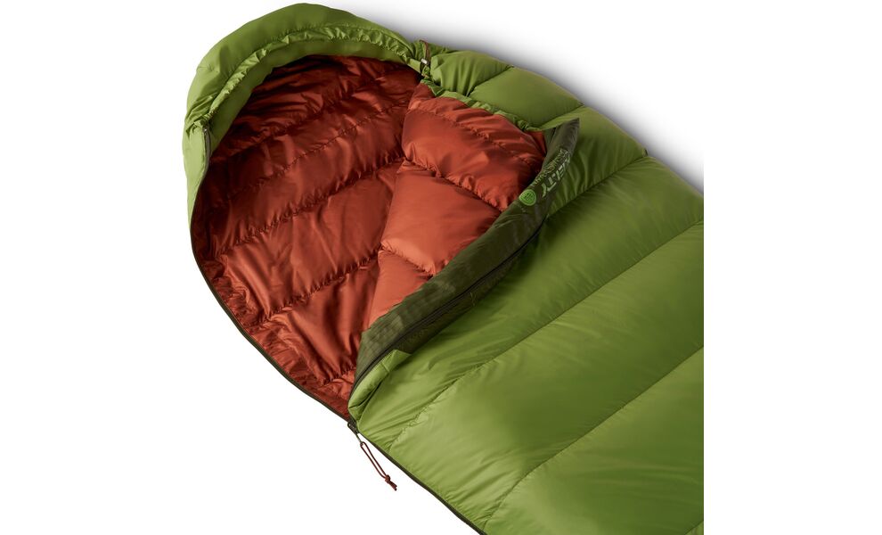 Демісезонний пуховий спальник Kelty Cosmic Down 40 Long до +4°C: з капюшоном, Максимальний зріст користувача: 198, Колір: Dill-Duffel Bag/Cherry Mahogany, Сторона застібки: права, зображення 10