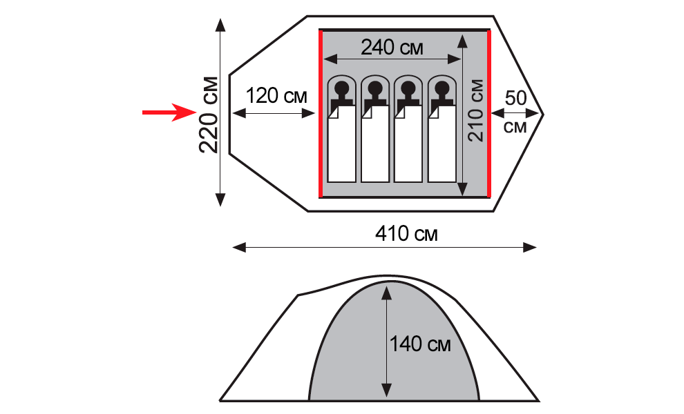 4-місний намет Tramp Mountain 4 V2 (Grey): двошаровий, з тамбуром, Кількість місць: 4, Колір: Grey/Red, зображення 2