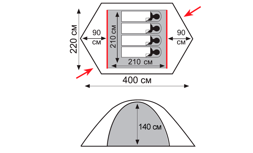 4-місний намет Tramp Rock 4 V2 (Green): двошаровий, вітростійкий, Кількість місць: 4, Колір: Green/Red, зображення 2