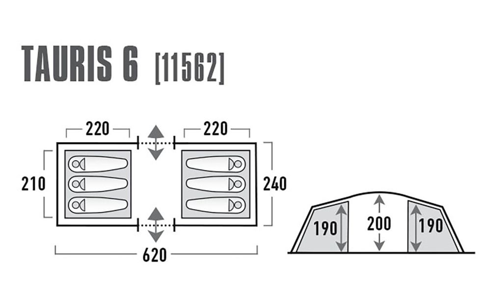 6-місний кемпінговий намет High Peak Tauris 6: на 2 спальні, Кількість місць: 6, Колір: Dark Grey/Green, зображення 2