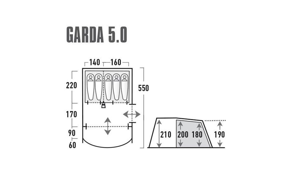 5-місний кемпінговий намет High Peak Garda 5.0, Кількість місць: 5, Колір: Light Grey/Dark Grey/Green, зображення 2